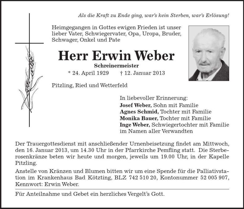Traueranzeige Erwin Weber
