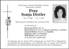 Traueranzeige Sonja Distler