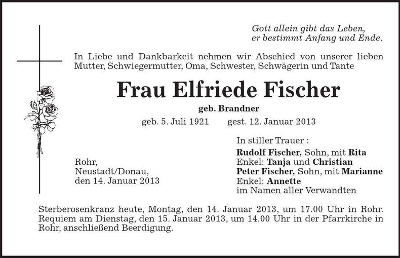 Traueranzeige Elfriede Fischer