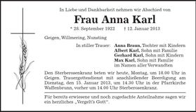 Traueranzeige Anna Karl