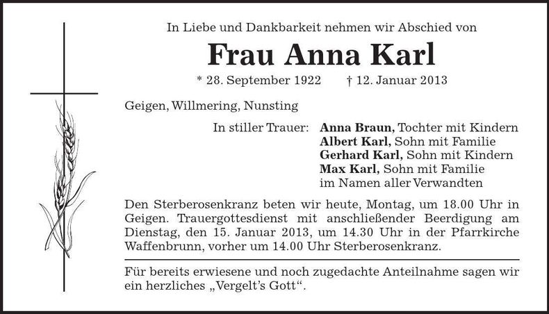 Traueranzeige Anna Karl