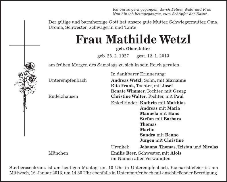 Traueranzeige Marhilde Wetzl