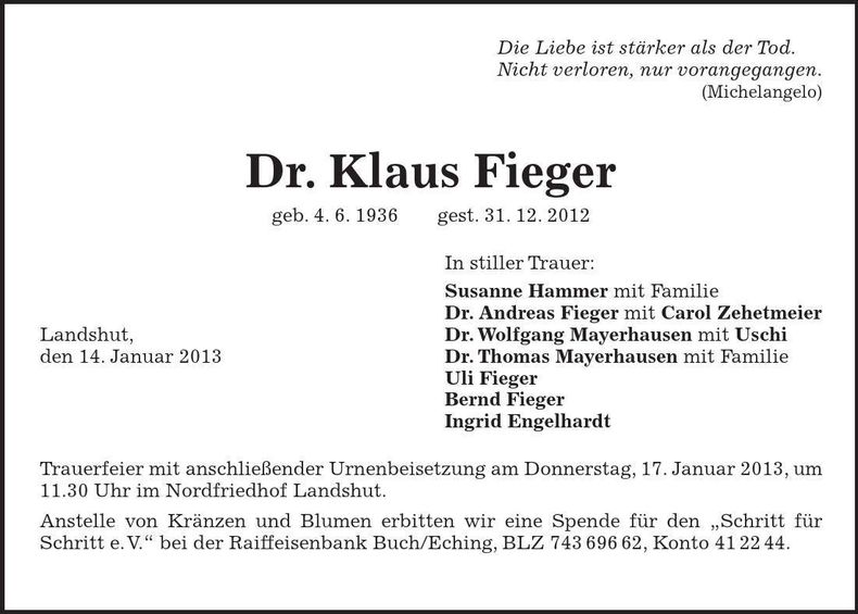 Traueranzeige Dr. Klaus Fieger