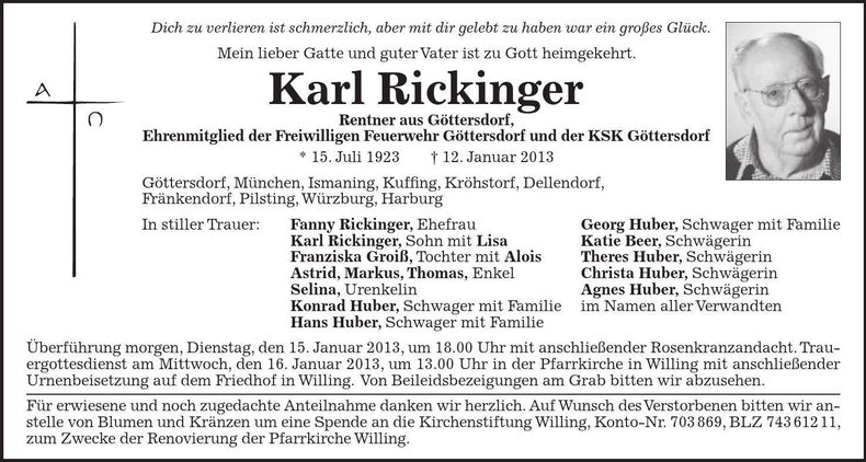 Traueranzeige Karl Rickinger