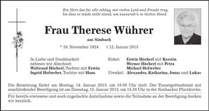 Traueranzeige Therese Wührer