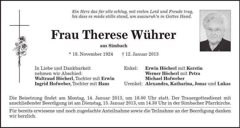 Traueranzeige Therese Wührer
