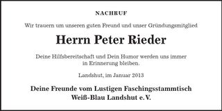 Traueranzeige Peter Rieder