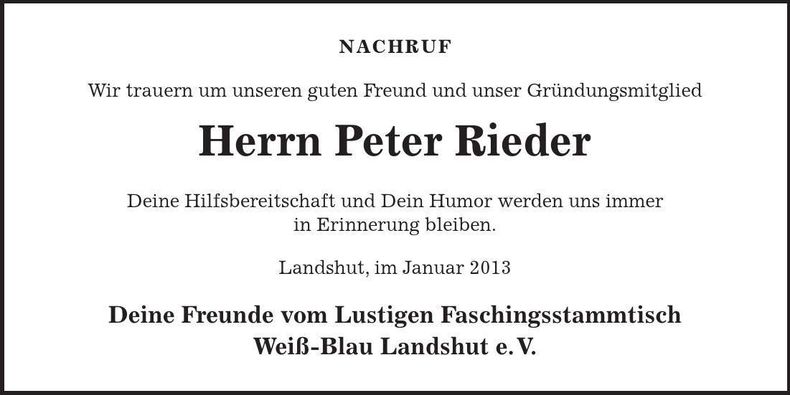 Traueranzeige Peter Rieder