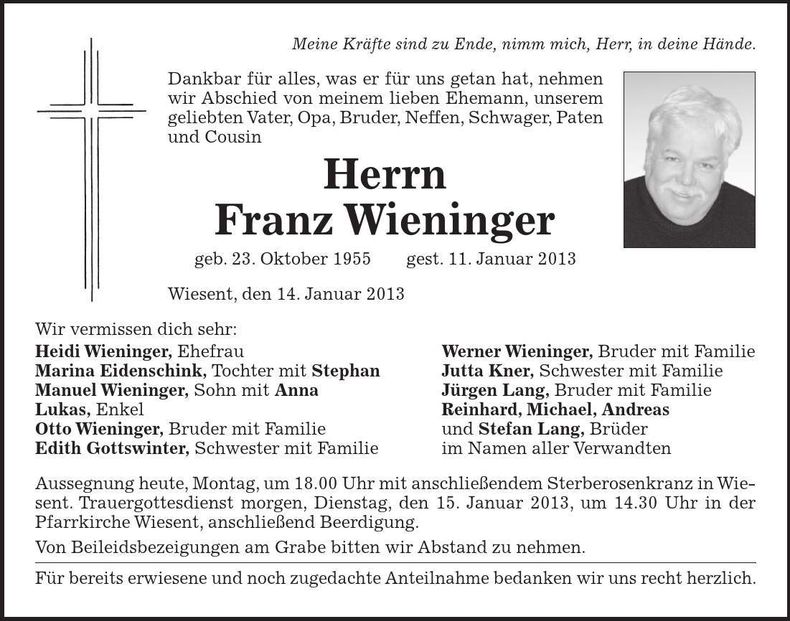 Traueranzeige Franz Wieninger