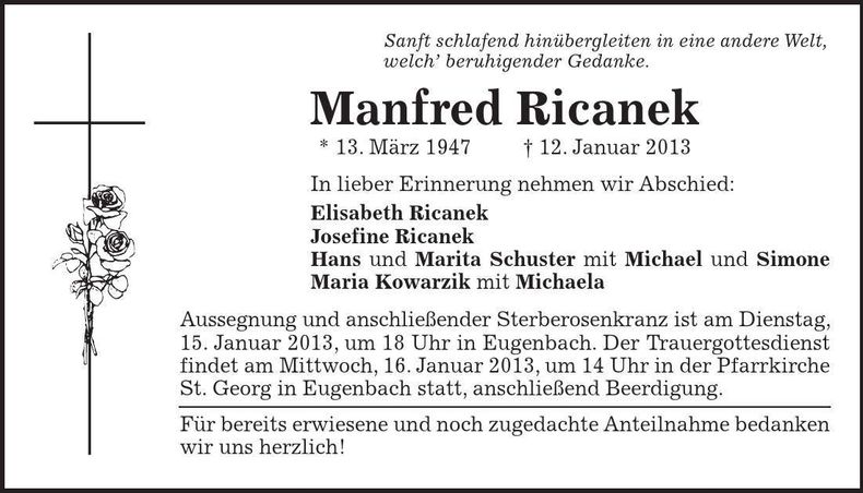 Traueranzeige Manfred Ricanek