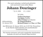 Traueranzeige Johann Deuringer