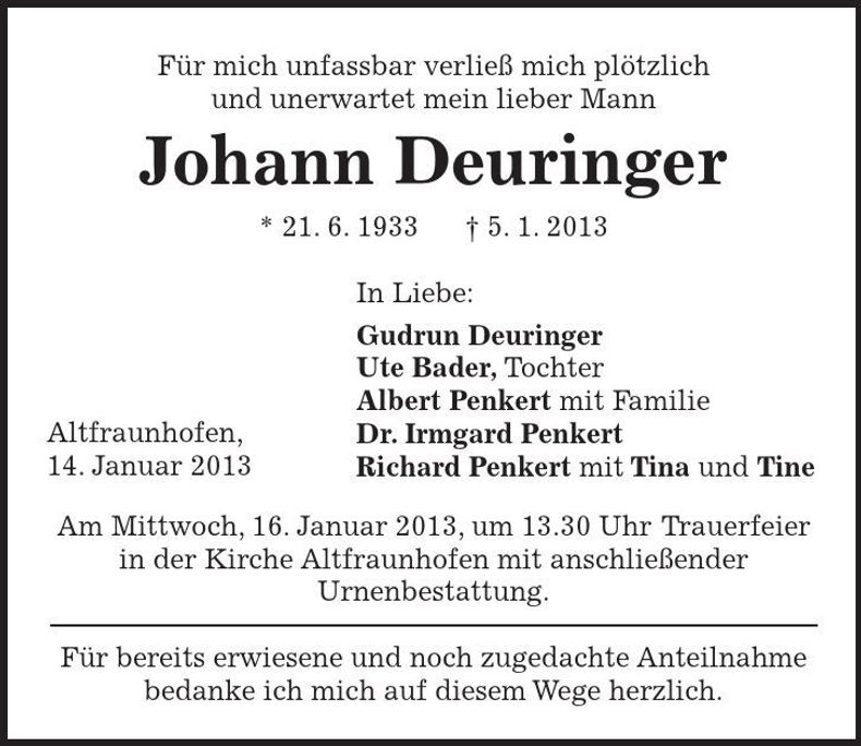 Traueranzeige Johann Deuringer