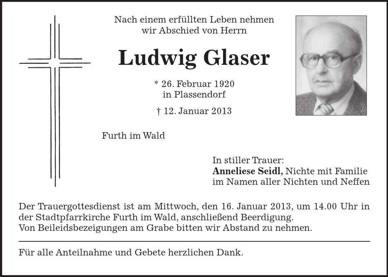 Traueranzeige Ludwig Glaser