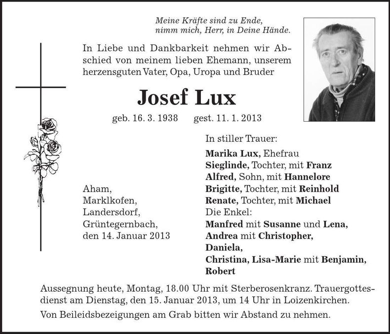Traueranzeige Josef Lux