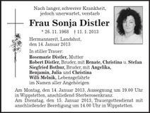 Traueranzeige Sonja Distler