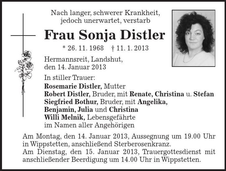 Traueranzeige Sonja Distler