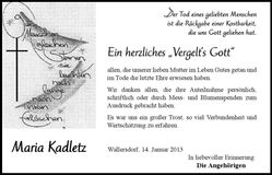 Traueranzeige Maria Kadletz