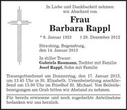 Traueranzeige Barbara Rappl