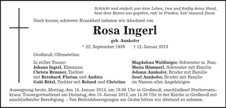 Traueranzeige Rosa Ingerl