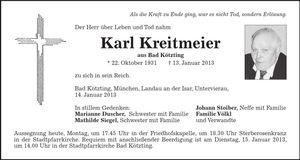 Traueranzeige Karl Kreitmeier