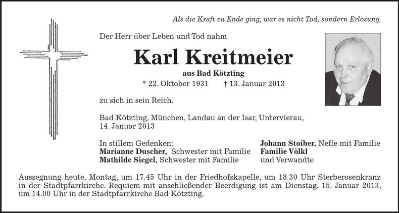 Traueranzeige Karl Kreitmeier