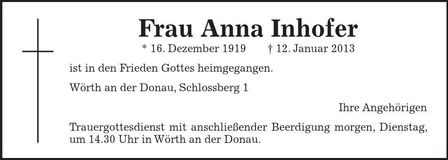 Traueranzeige Anna Inhofer