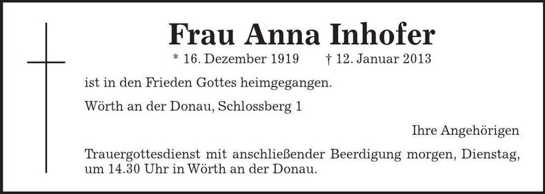 Traueranzeige Anna Inhofer