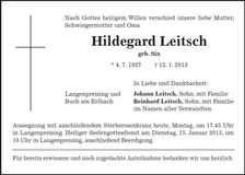 Traueranzeige Hildegard Leitsch