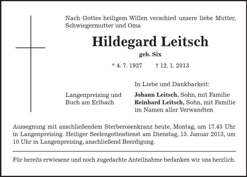 Traueranzeige Hildegard Leitsch