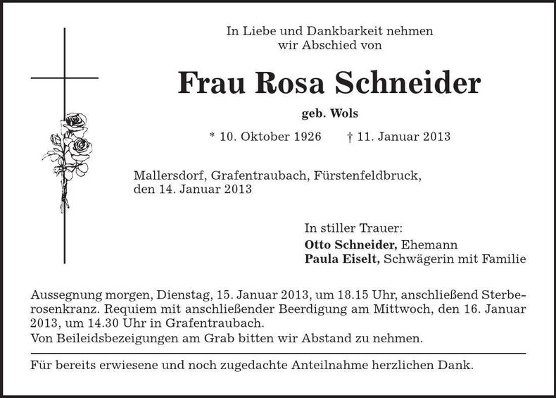Traueranzeige Rosa Schneider