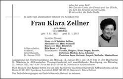 Traueranzeige Klara Zellner