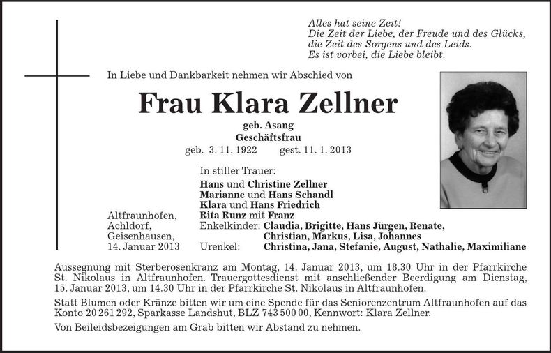 Traueranzeige Klara Zellner
