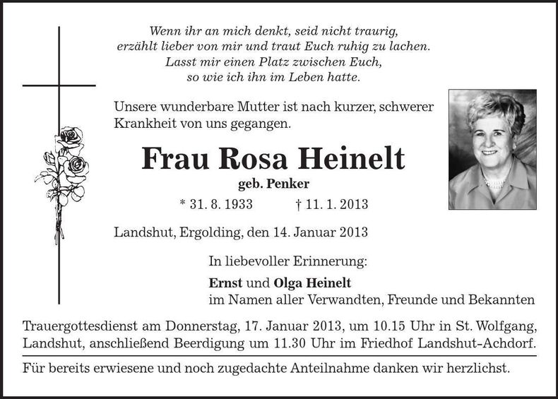 Traueranzeige Rosa Heinelt
