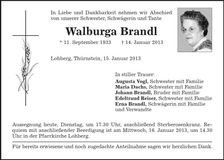 Traueranzeige Walburga Brandl