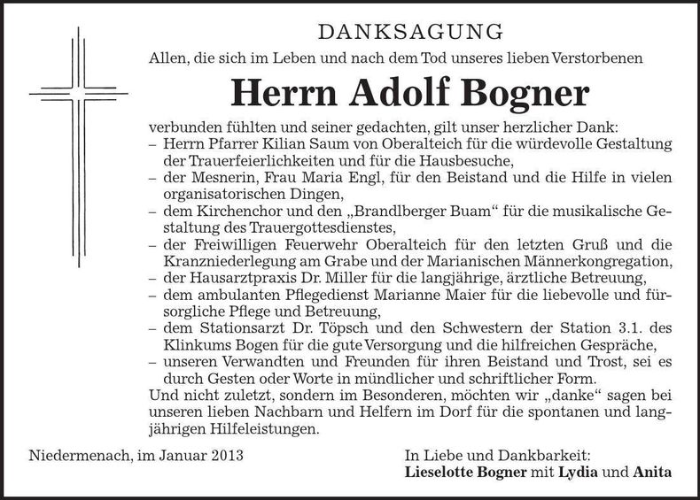 Traueranzeige Adolf Bogner