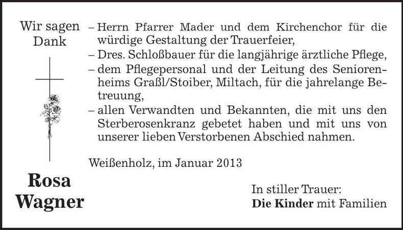 Traueranzeige Rosa Wagner