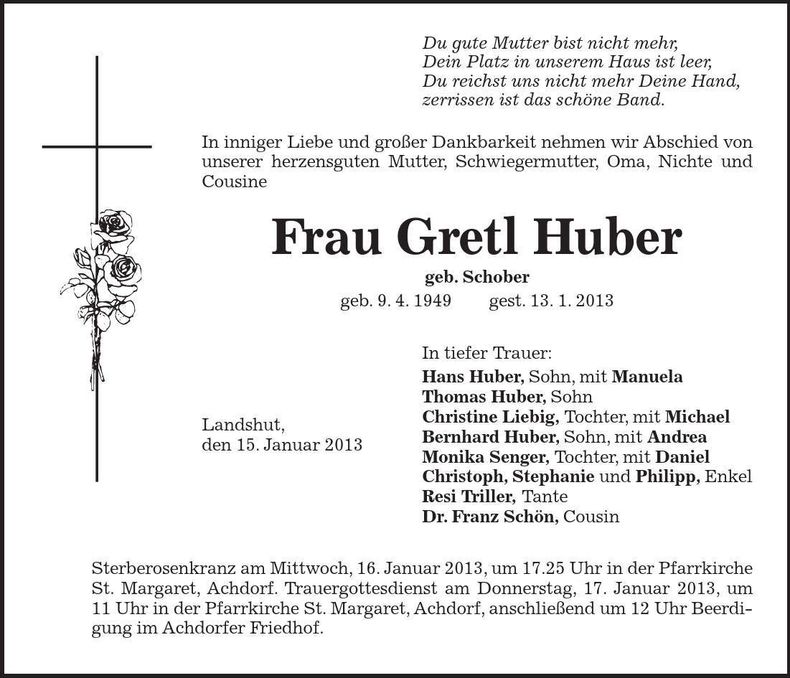 Traueranzeige Gretl Huber