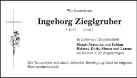 Traueranzeige Ingeborg Zieglgruber
