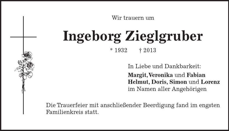 Traueranzeige Ingeborg Zieglgruber