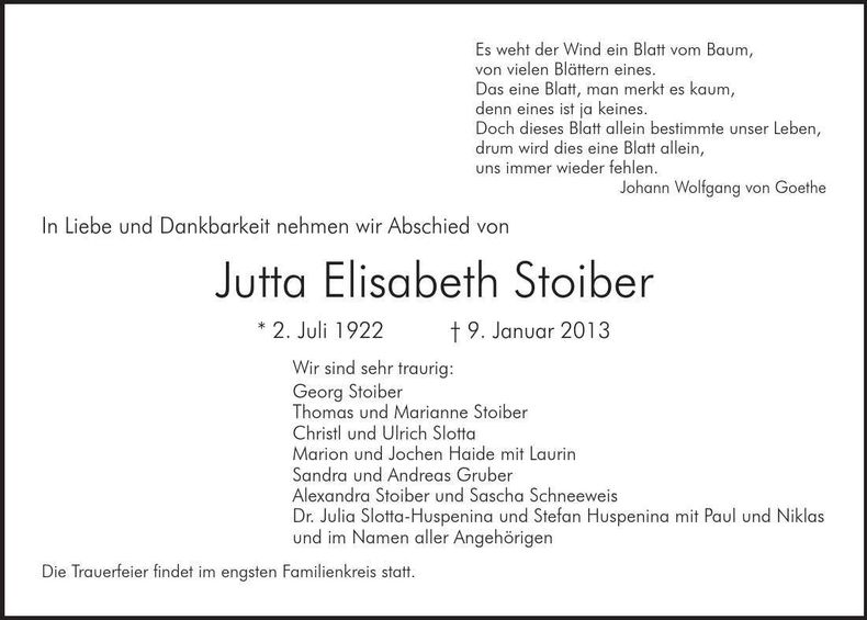Traueranzeige Jutta Elisbetz Stoiber