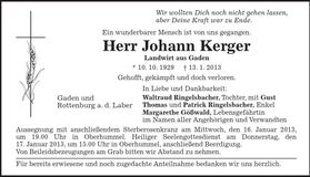 Traueranzeige Johann Kerger