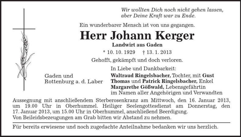 Traueranzeige Johann Kerger