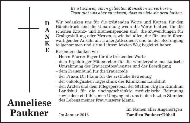 Traueranzeige Anneliese Paukner