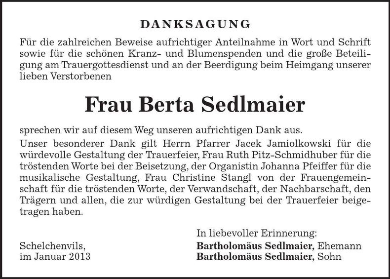 Traueranzeige Berta Sedlmaier
