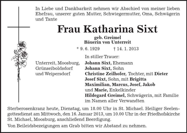 Traueranzeige Katharina Sixt