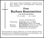 Traueranzeige Barbara Bauermeister