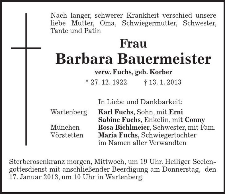 Traueranzeige Barbara Bauermeister