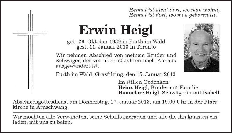 Traueranzeige Erwin Heigl