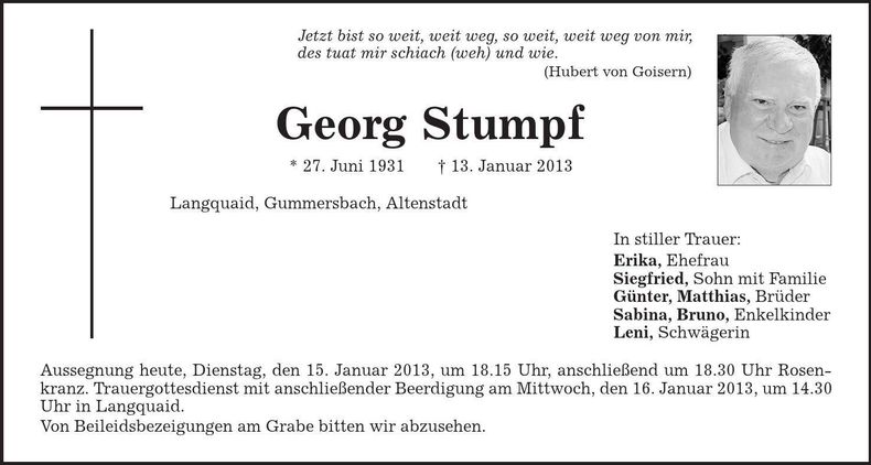 Traueranzeige Georg Stumpf