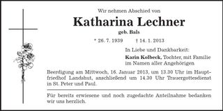 Traueranzeige Katharina Lechner